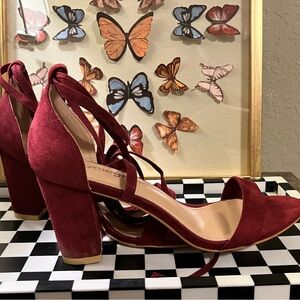 Allegra K Burgundy Suede Lace-Up Heels